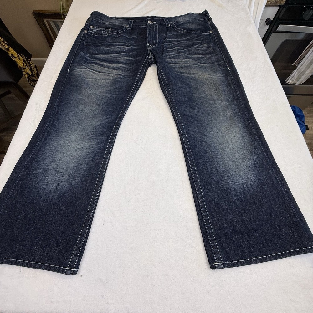 True Religion Straight Jeans Mens 42x28 Dark Wash Big T Denim‎ Made in Mexico